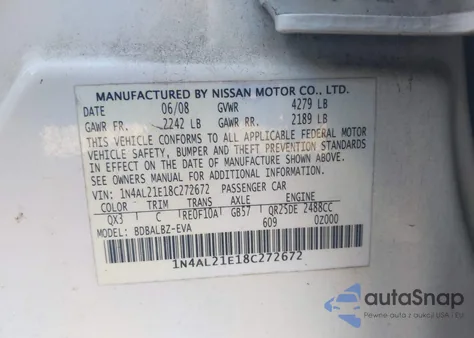 2008 Nissan Altima 2.5 S from USA, damaged, VIN 1N4AL21E18C272672